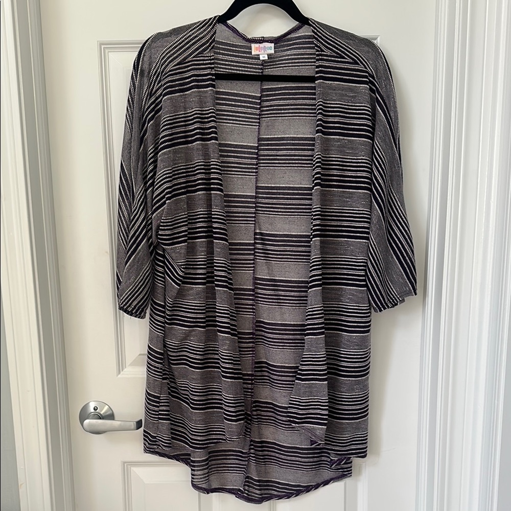 LuLaRoe Striped Purple and White Open Cardigan